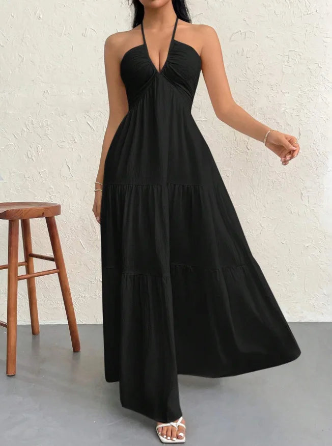 Thin Halter Back Tie V Neck Long Dress Textured Ruched Multi-Layer Figure-Hugging Dress