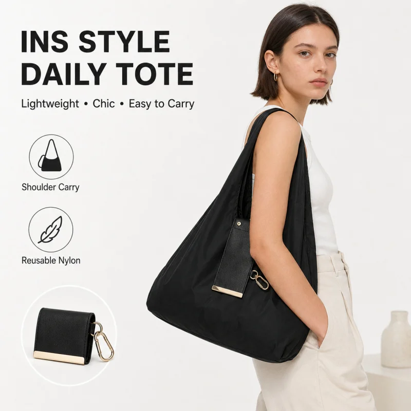 INS Style Nylon Keychain Storage Bag Large Capacity Foldable Shopping Tote Bag Portable Handbag Eco Reusable Shoulder Bag