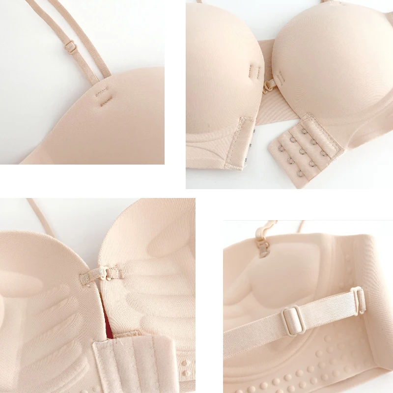 Front Closure Strapless Bras for Women Seamless Push up Brassiere Thick Soft Underwear Solid Color Adjustable Invisible Lingerie
