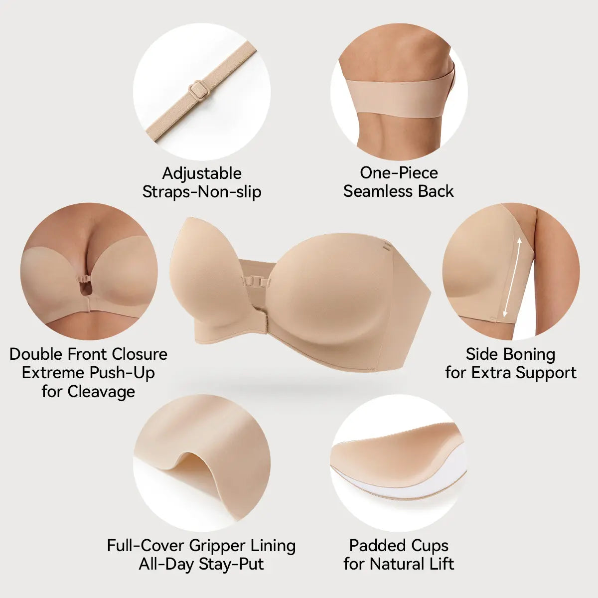Strapless Front Closure Bra for Women Push up Invisible Backless Underwear Seamless Anti-Slip Bralette for Daily Wear Occasions