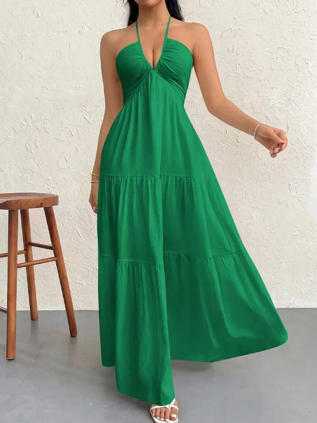 Thin Halter Back Tie V Neck Long Dress Textured Ruched Multi-Layer Figure-Hugging Dress
