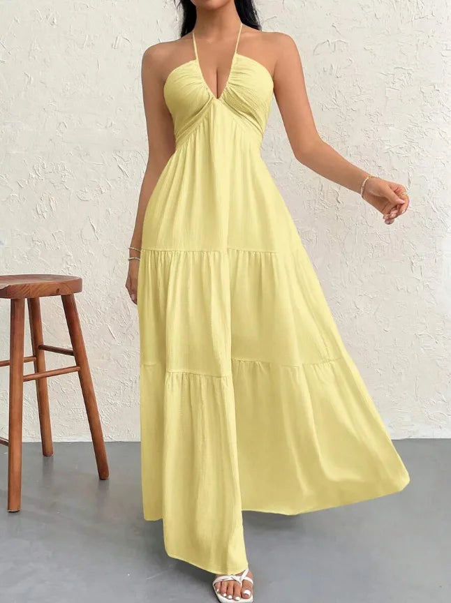 Thin Halter Back Tie V Neck Long Dress Textured Ruched Multi-Layer Figure-Hugging Dress