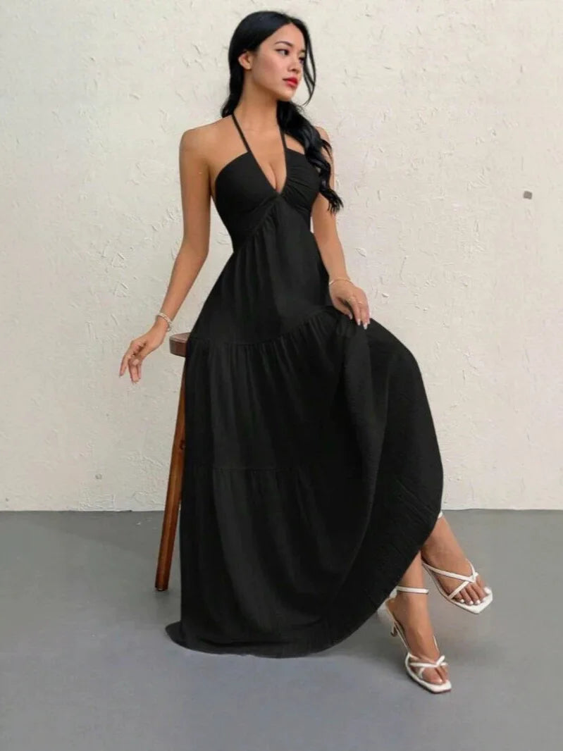 Thin Halter Back Tie V Neck Long Dress Textured Ruched Multi-Layer Figure-Hugging Dress