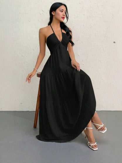 Thin Halter Back Tie V Neck Long Dress Textured Ruched Multi-Layer Figure-Hugging Dress