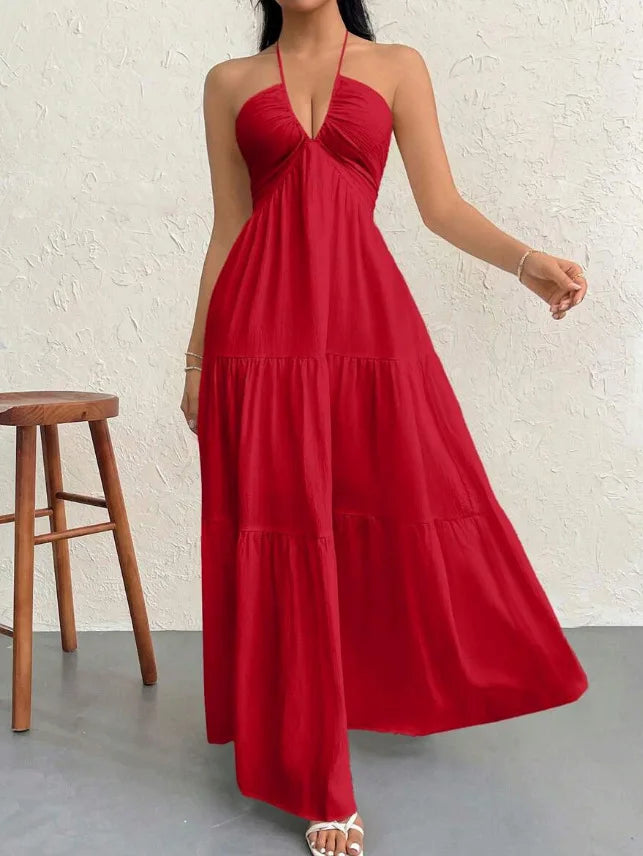 Thin Halter Back Tie V Neck Long Dress Textured Ruched Multi-Layer Figure-Hugging Dress