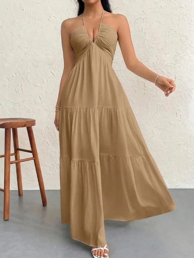 Thin Halter Back Tie V Neck Long Dress Textured Ruched Multi-Layer Figure-Hugging Dress