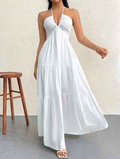 Thin Halter Back Tie V Neck Long Dress Textured Ruched Multi-Layer Figure-Hugging Dress