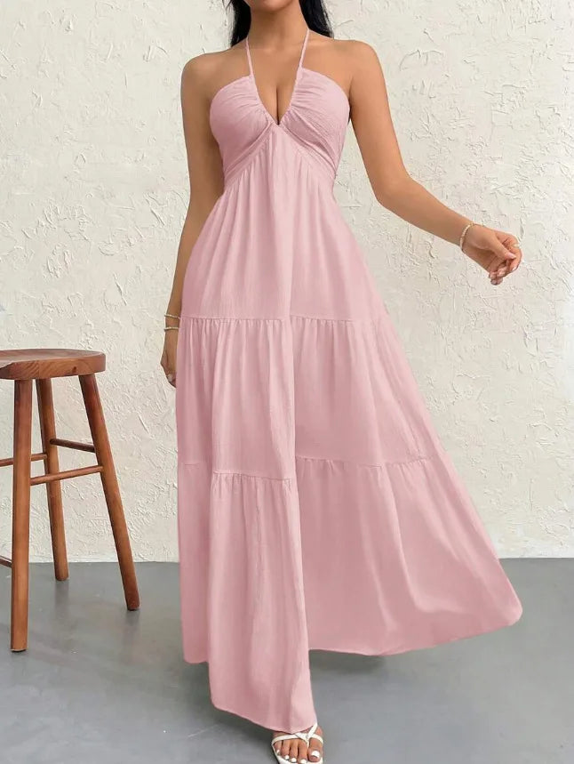 Thin Halter Back Tie V Neck Long Dress Textured Ruched Multi-Layer Figure-Hugging Dress