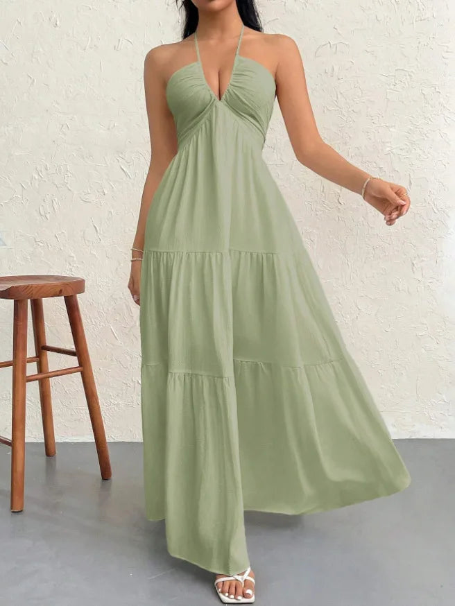 Thin Halter Back Tie V Neck Long Dress Textured Ruched Multi-Layer Figure-Hugging Dress