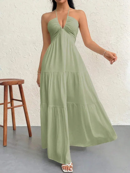 Thin Halter Back Tie V Neck Long Dress Textured Ruched Multi-Layer Figure-Hugging Dress