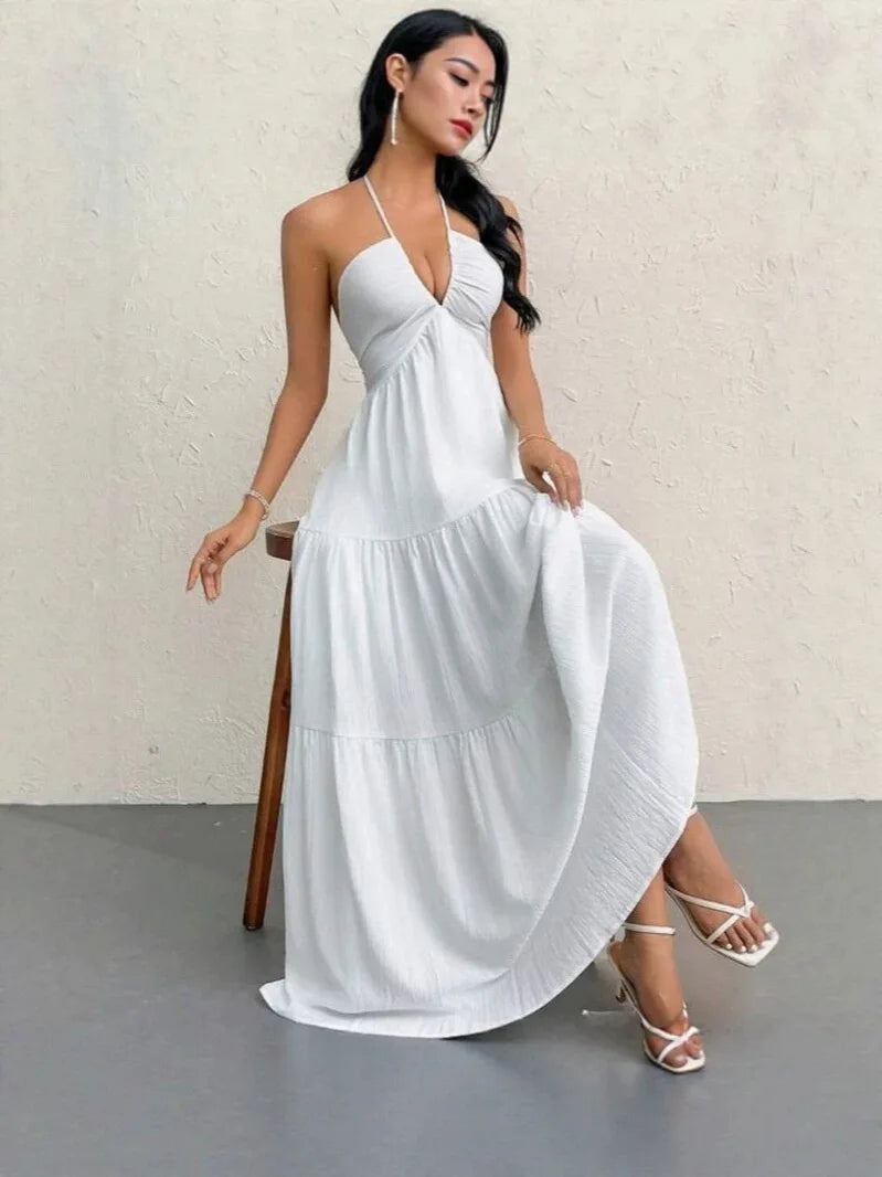 Thin Halter Back Tie V Neck Long Dress Textured Ruched Multi-Layer Figure-Hugging Dress