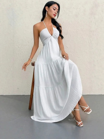 Thin Halter Back Tie V Neck Long Dress Textured Ruched Multi-Layer Figure-Hugging Dress