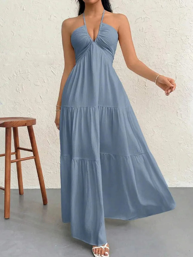 Thin Halter Back Tie V Neck Long Dress Textured Ruched Multi-Layer Figure-Hugging Dress