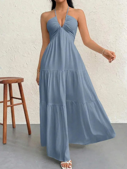 Thin Halter Back Tie V Neck Long Dress Textured Ruched Multi-Layer Figure-Hugging Dress