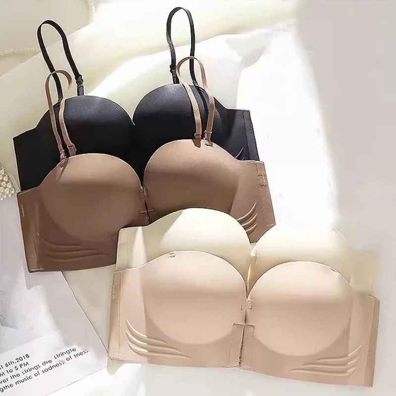 Front Closure Strapless Bras for Women Seamless Push up Brassiere Thick Soft Underwear Solid Color Adjustable Invisible Lingerie