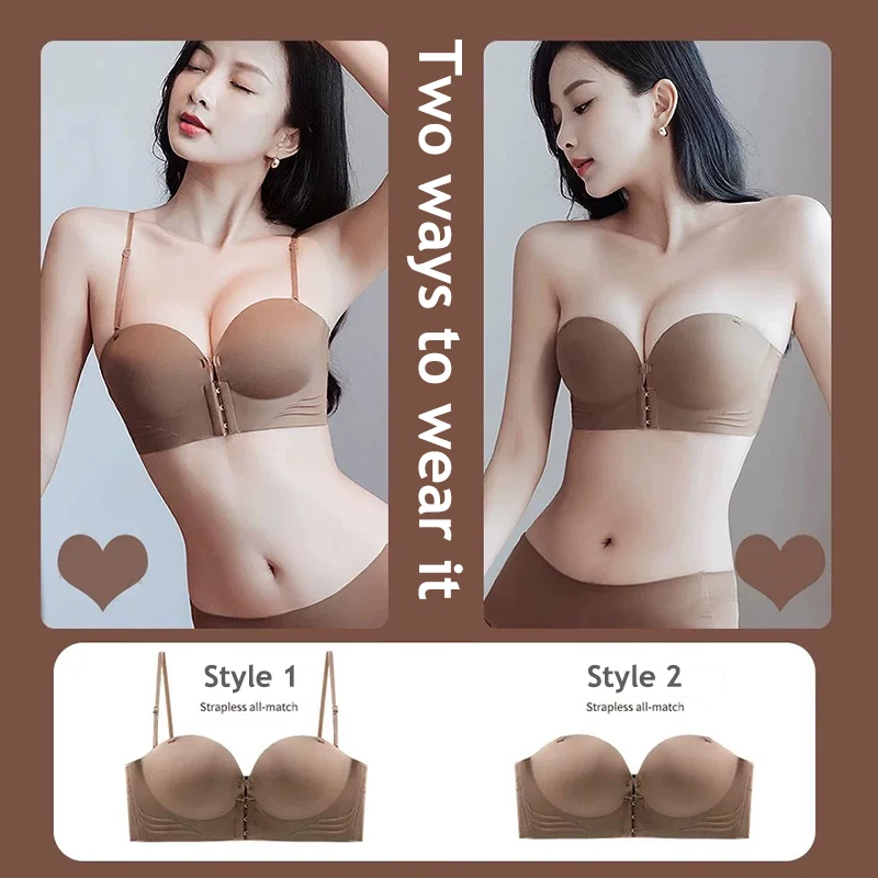 Front Closure Strapless Bras for Women Seamless Push up Brassiere Thick Soft Underwear Solid Color Adjustable Invisible Lingerie